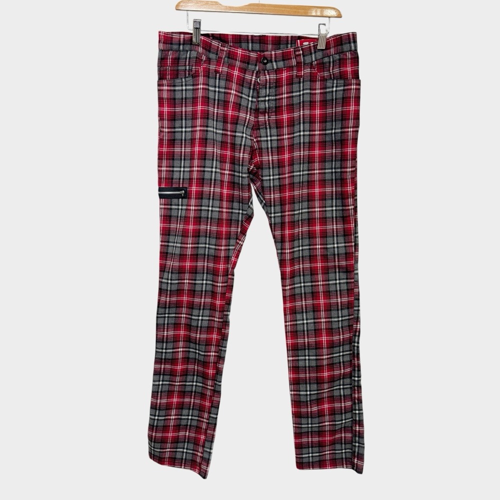 Rank Men 32 Red Tartan Plaid Slim Fit Mall Goth Bondage Pants 90s Button Fly